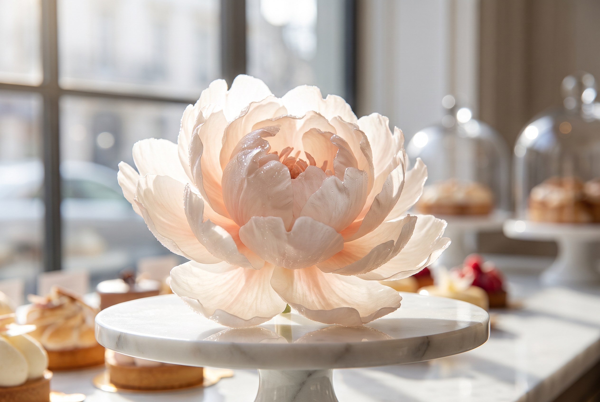 La fleur de sucre translucide s'ouvre sur le marbre.